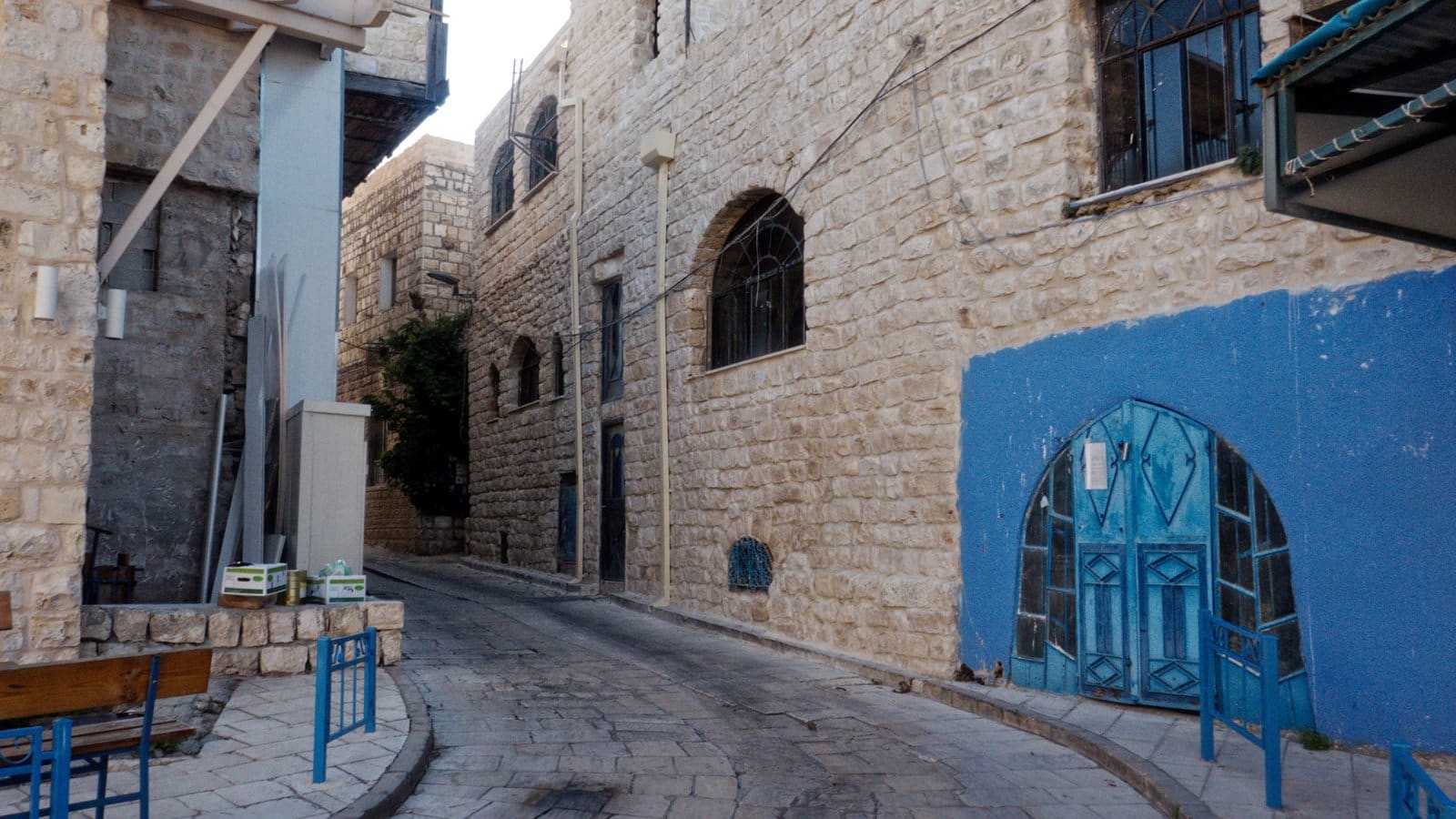 A traditional blue-painted door in the old city of Tzfat