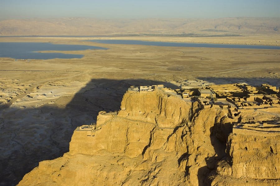 Aerial view of the Masada fortress plateau above the desert