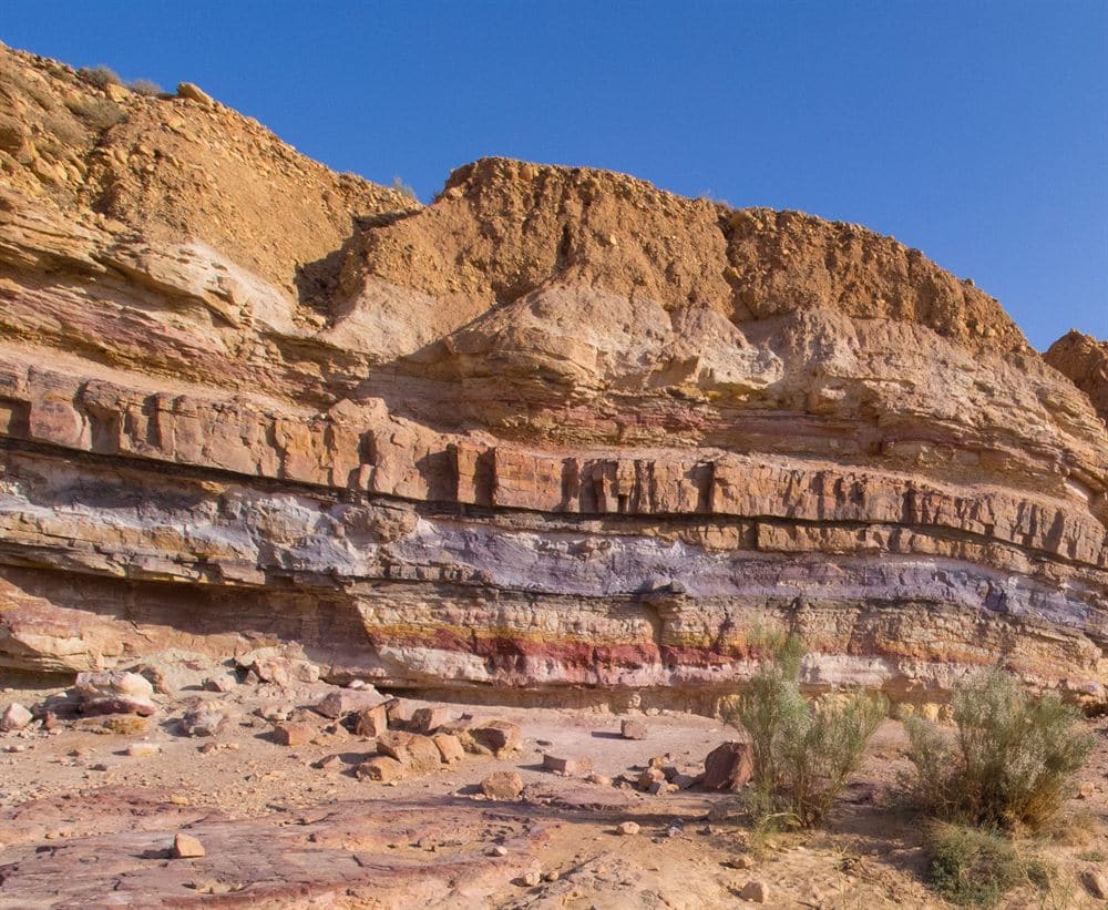 Colorful geological layers exposed inside Makhtesh Ramon